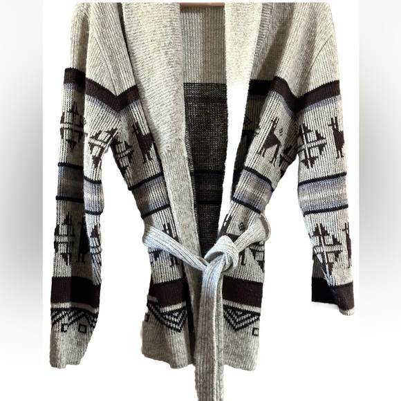 Milford Sweaters - Vtg 70s Dimensions by Milford Collared Aztec Llama Long Thick Cardigan Large